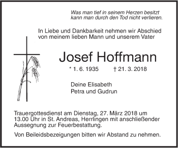 Traueranzeige von Josef Hoffmann von SÜDWEST PRESSE Ausgabe Ulm/Neu-Ulm