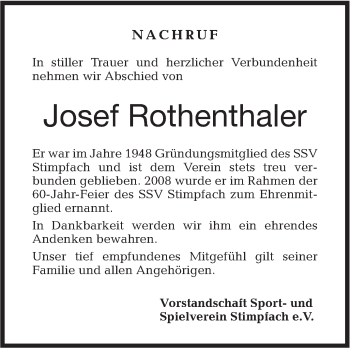 Traueranzeige von Josef Rothenthaler von Hohenloher Tagblatt