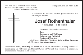 Traueranzeige von Josef Rothenthaler von Hohenloher Tagblatt