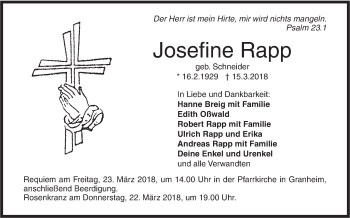 Traueranzeige von Josefine Rapp von Ehinger Tagblatt