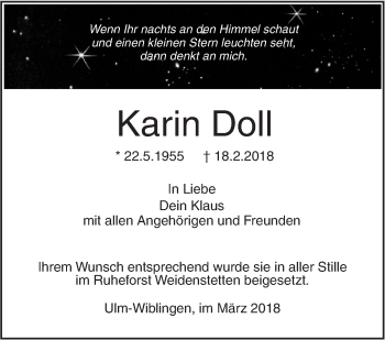 Traueranzeige von Karin Doll von SÜDWEST PRESSE Ausgabe Ulm/Neu-Ulm