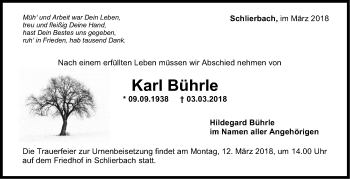 Traueranzeige von Karl Bührle von NWZ Neue Württembergische Zeitung