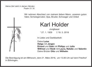 Traueranzeige von Karl Holder von Metzinger-Uracher Volksblatt