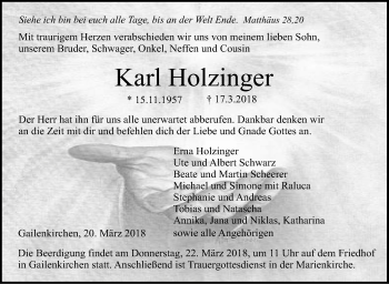 Traueranzeige von Karl Holzinger von Haller Tagblatt