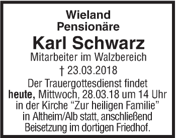 Traueranzeige von Karl Schwarz von SÜDWEST PRESSE Ausgabe Ulm/Neu-Ulm