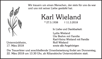 Traueranzeige von Karl Wieland von Haller Tagblatt