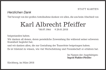 Traueranzeige von Karl Albrecht Pfeiffer von Hohenloher Tagblatt