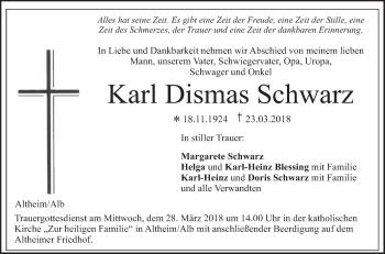 Traueranzeige von Karl Dismas Schwarz von SÜDWEST PRESSE Ausgabe Ulm/Neu-Ulm