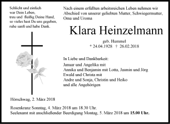 Traueranzeige von Klara Heinzelmann von Hohenzollerische Zeitung