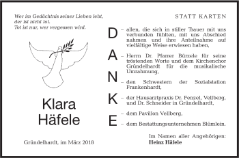 Traueranzeige von Klara Häfele von Hohenloher Tagblatt