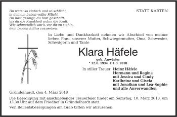 Traueranzeige von Klara Häfele von Hohenloher Tagblatt