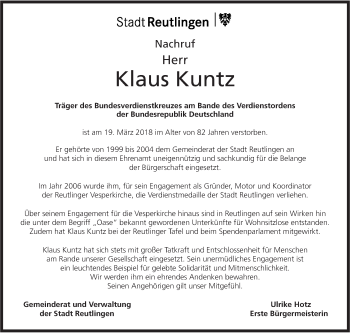 Traueranzeige von Klaus Kuntz von Metzinger-Uracher Volksblatt