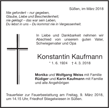 Traueranzeige von Konstantin Kaufmann von NWZ Neue Württembergische Zeitung