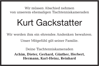 Traueranzeige von Kurt Gackstatter von Hohenloher Tagblatt