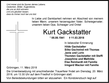 Traueranzeige von Kurt Gackstatter von Hohenloher Tagblatt