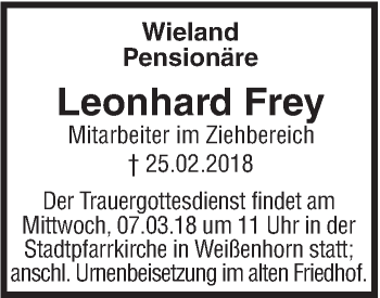 Traueranzeige von Leonhard Frey von SÜDWEST PRESSE Ausgabe Ulm/Neu-Ulm