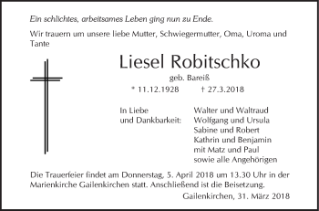 Traueranzeige von Liesel Robitschko von Haller Tagblatt