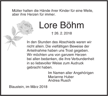 Traueranzeige von Lore Böhm von SÜDWEST PRESSE Ausgabe Ulm/Neu-Ulm