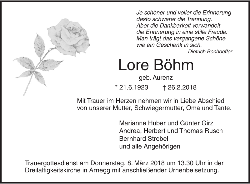  Traueranzeige für Lore Böhm vom 03.03.2018 aus SÜDWEST PRESSE Ausgabe Ulm/Neu-Ulm