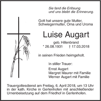 Traueranzeige von Luise Augart von SÜDWEST PRESSE Ausgabe Ulm/Neu-Ulm