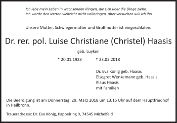 Traueranzeige von Luise Christiane Haasis von Haller Tagblatt