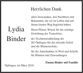 Traueranzeige von Lydia Binder von Ehinger Tagblatt