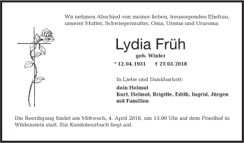 Traueranzeige von Lydia Früh von Hohenloher Tagblatt