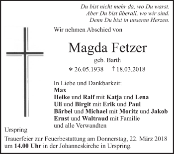 Traueranzeige von Magda Fetzer von SÜDWEST PRESSE Ausgabe Ulm/Neu-Ulm