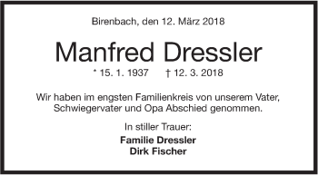 Traueranzeige von Manfred Dressler von NWZ Neue Württembergische Zeitung