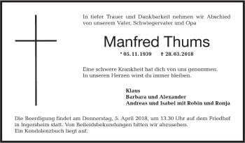 Traueranzeige von Manfred Thums von Hohenloher Tagblatt