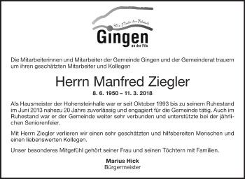 Traueranzeige von Manfred Ziegler von NWZ Neue Württembergische Zeitung/Geislinger Zeitung