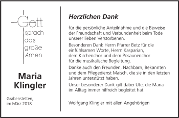 Traueranzeige von Maria Klingler von Alb-Bote/Metzinger-Uracher Volksblatt