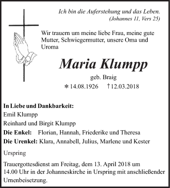 Traueranzeige von Maria Klumpp von Geislinger Zeitung