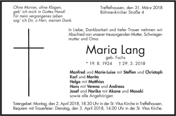 Traueranzeige von Maria Lang von Geislinger Zeitung