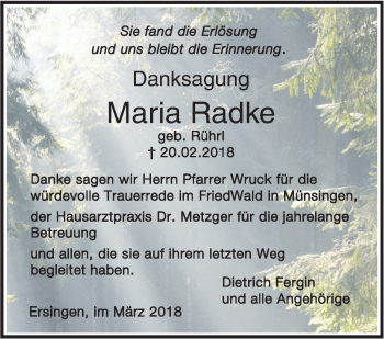 Traueranzeige von Maria Radke von Ehinger Tagblatt