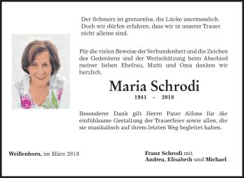 Traueranzeige von Maria Schrodi von SÜDWEST PRESSE Ausgabe Ulm/Neu-Ulm