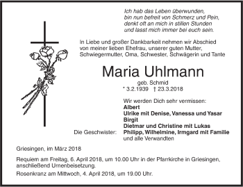 Traueranzeige von Maria Uhlmann von Ehinger Tagblatt