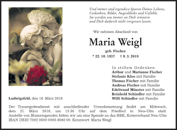 Traueranzeige von Maria Weigl von SÜDWEST PRESSE Ausgabe Ulm/Neu-Ulm