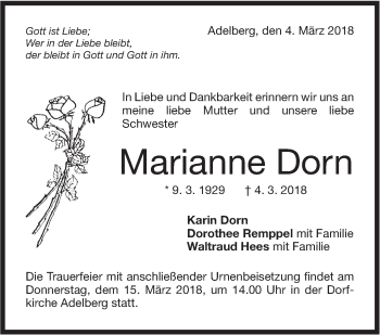 Traueranzeige von Marianne Dorn von NWZ Neue Württembergische Zeitung