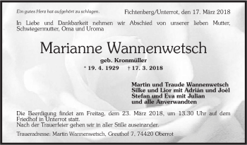 Traueranzeige von Marianne Wannenwetsch von Rundschau Gaildorf