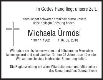 Traueranzeige von Michaela Ürmösi von Haller Tagblatt