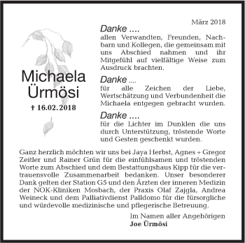 Traueranzeige von Michaela Ürmösi von Haller Tagblatt