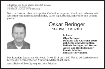 Traueranzeige von Oskar Beringer von Hohenloher Tagblatt