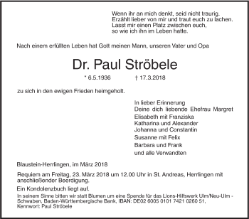 Traueranzeige von Paul Ströbele von SÜDWEST PRESSE Ausgabe Ulm/Neu-Ulm