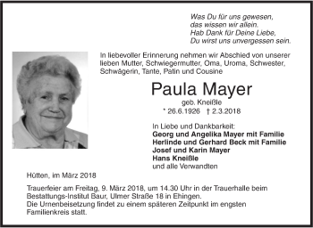 Traueranzeige von Paula Mayer von Ehinger Tagblatt/Alb-Bote