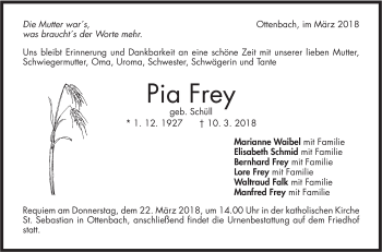 Traueranzeige von Pia Frey von NWZ Neue Württembergische Zeitung