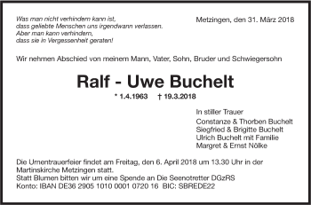 Traueranzeige von Ralf-Uwe Buchelt von Metzinger-Uracher Volksblatt