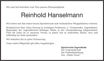 Traueranzeige von Reinhold Hanselmann von Hohenloher Tagblatt