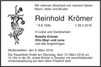 Traueranzeige von Reinhold Krämer von SÜDWEST PRESSE Ausgabe Ulm/Neu-Ulm