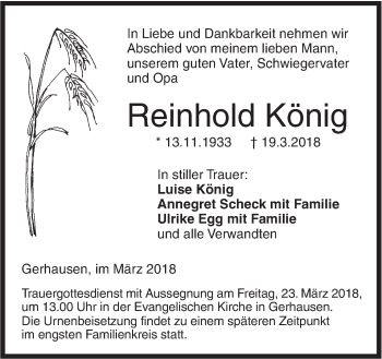 Traueranzeige von Reinhold König von SÜDWEST PRESSE Ausgabe Ulm/Neu-Ulm